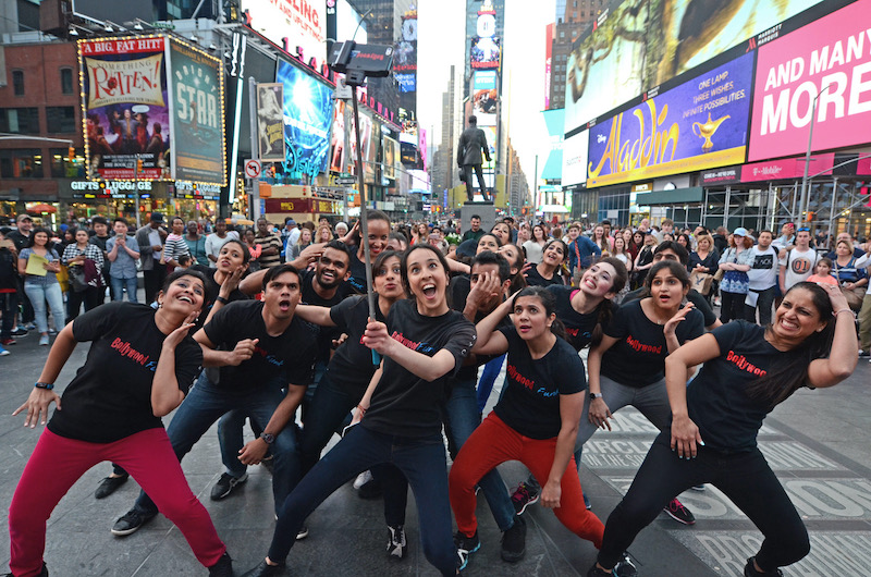 Ayesha Khanna poses in downtown New York with her Bollywood Funk NYC dance troupe.