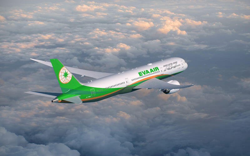 EVA Air 787 plane flying over clouds